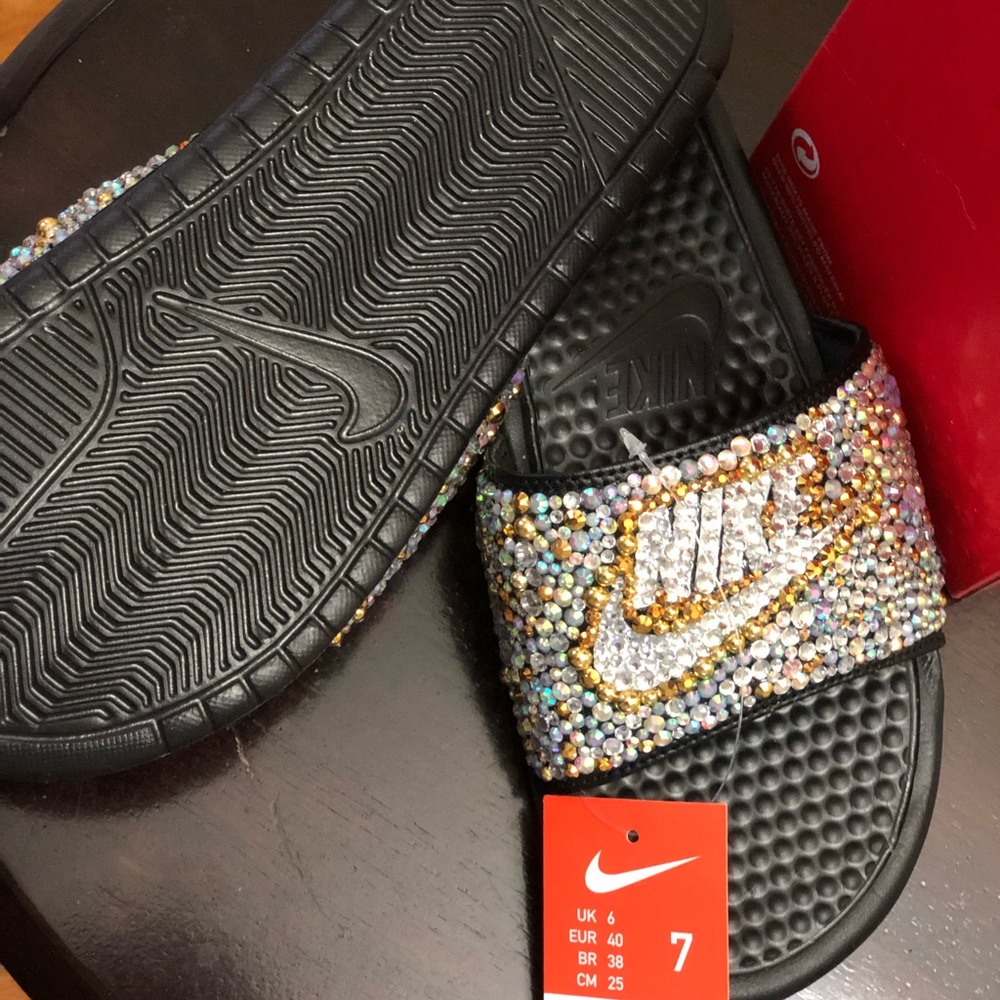 Authentic Bedazzled Nike ”Gold” Benassi Slides.